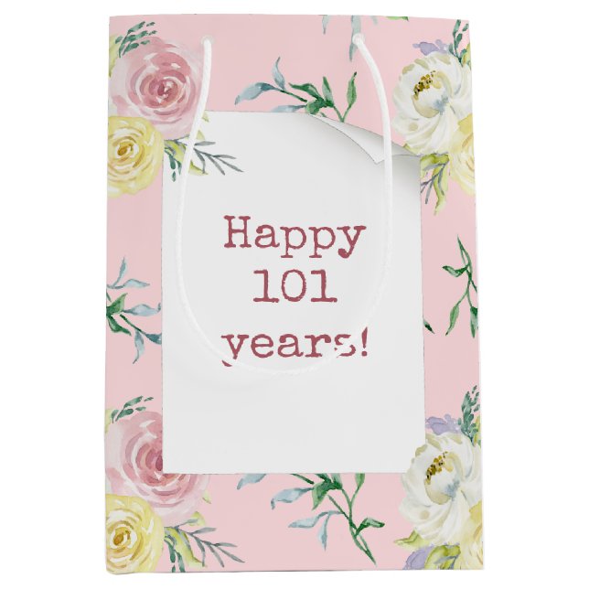 Sac Cadeau Moyen Aquarelle Rose 101e anniversaire (Devant)