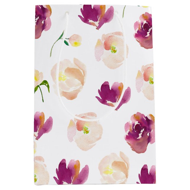 Sac Cadeau Moyen Aquarelle rose Bourgogne Florale (Devant)