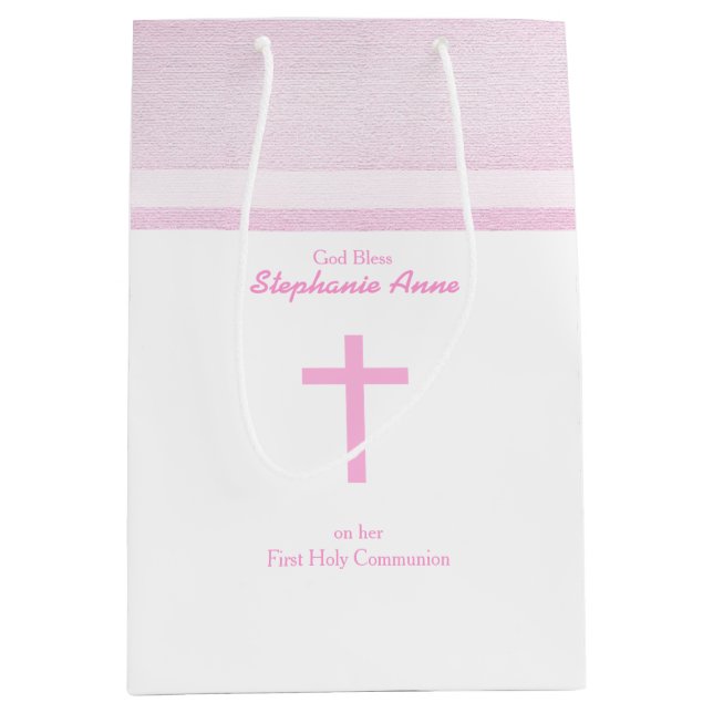 Sac Cadeau Moyen Aquarelle rose de communion (Devant)