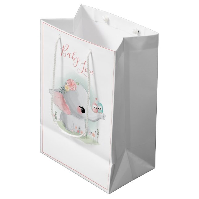 Sac Cadeau Moyen Aquarelle rose Eléphant mignonne Bébé Amour fille (Devant Angle)