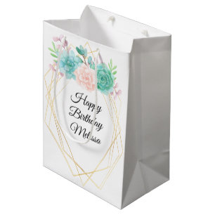 Sac Cadeau Moyen Aquarelle rose et vert moderne Succulents Annivers