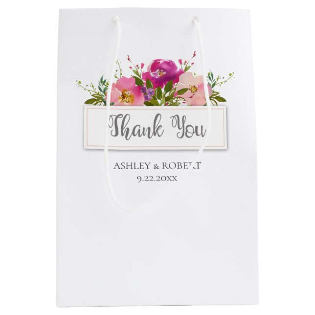 Sac Cadeau Moyen Aquarelle rose Fête des mariées florale (Devant)