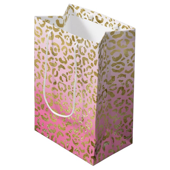 Sac Cadeau Moyen Aquarelle rose léopard d'or (Devant Angle)