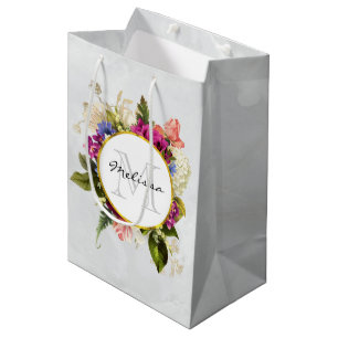 Sac Cadeau Moyen Aquarelle rose moderne Bouquet floral Monogramme