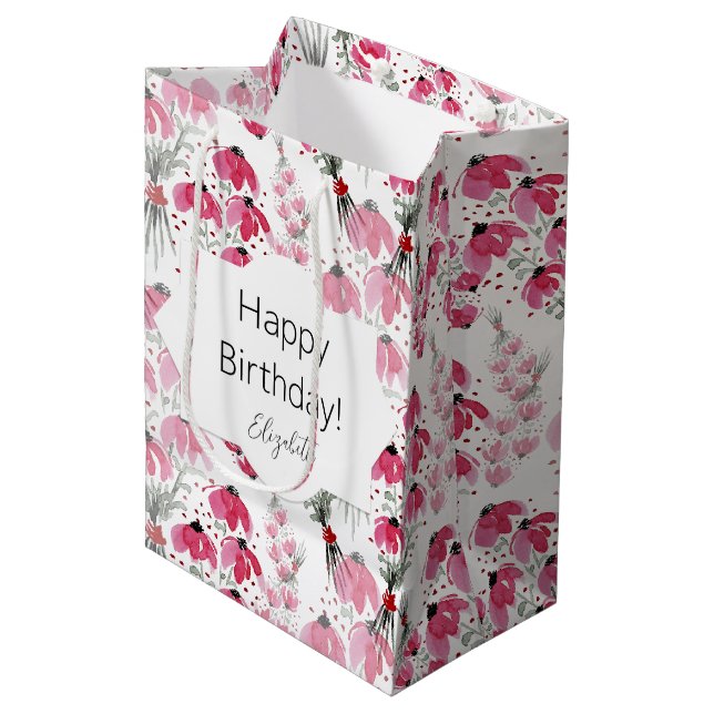 Sac Cadeau Moyen Aquarelle rose rose de mou personnalisée (Devant Angle)