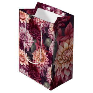 Sac Cadeau Moyen Aquarelle Rouge rose Dahlia Motif Design