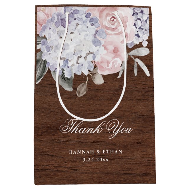 Sac Cadeau Moyen Aquarelle rustique Hydrangea Wood Look| Mariage (Devant)