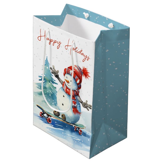 Sac Cadeau Moyen Aquarelle Snowman De Noël Sur Un Ski (Devant Angle)