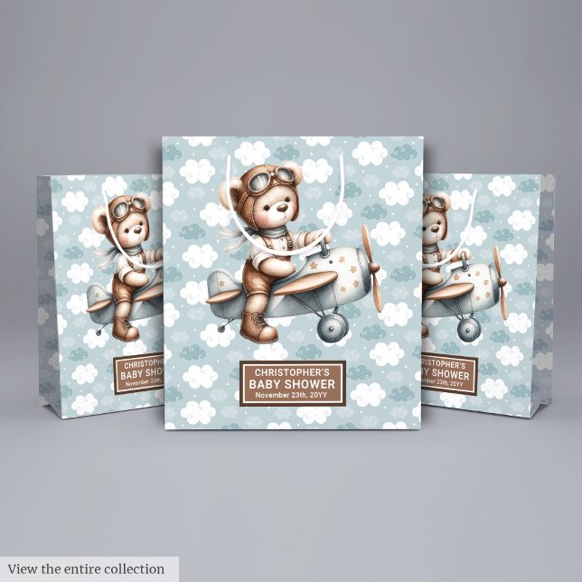 Sac Cadeau Moyen Aquarelle Teddy Bear Pilote Baby shower Bac de tra (Watercolor Teddy Bear Pilot Baby Shower Treat Bag)