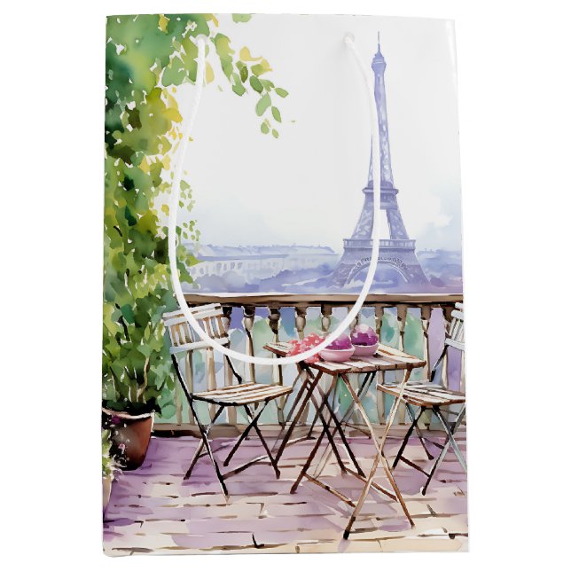 Sac Cadeau Moyen Aquarelle Tour Eiffel Paris Café français (Devant)