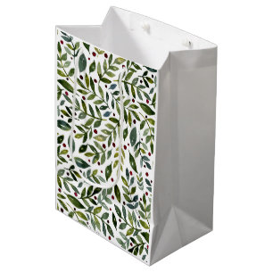 Sac Cadeau Moyen Aquarelle verte branches saisonnières et baies