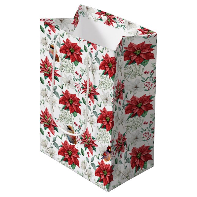 Sac Cadeau Moyen Aquarelles Fleurs de Noël, feuilles, oiseaux (Devant Angle)