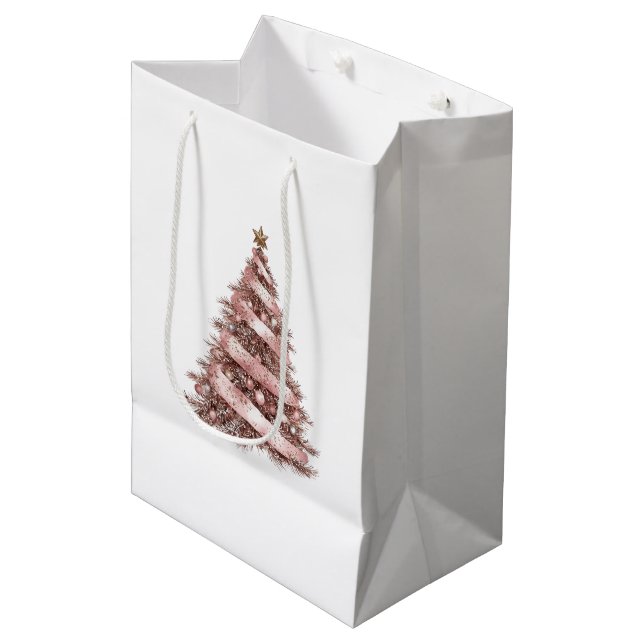 Sac Cadeau Moyen Arbre de Noël en or rose (Devant Angle)