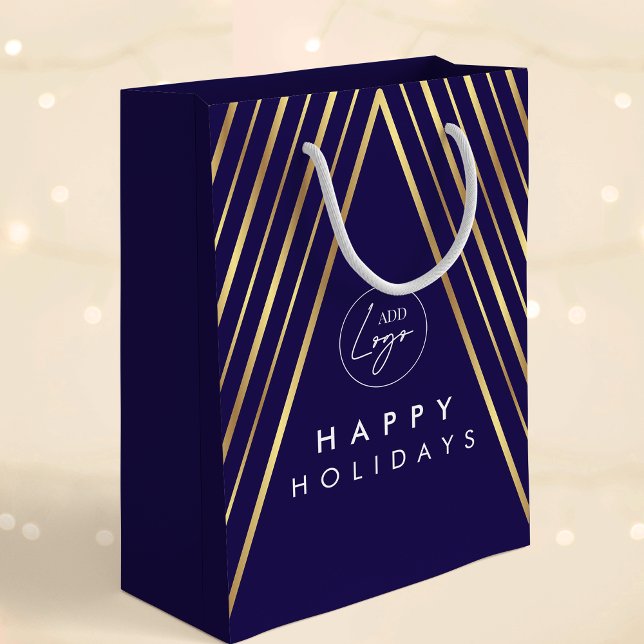 Sac Cadeau Moyen Arbre de Noël Géométrique Or Marine Logo d'Entrepr (Elegant corporate business logo navy blue and gold effects holiday gift bag)