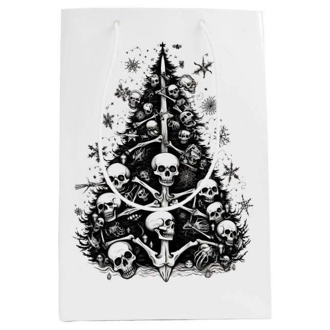 Sac Cadeau Moyen Arbre de Noël noir Crânes et os (Devant)
