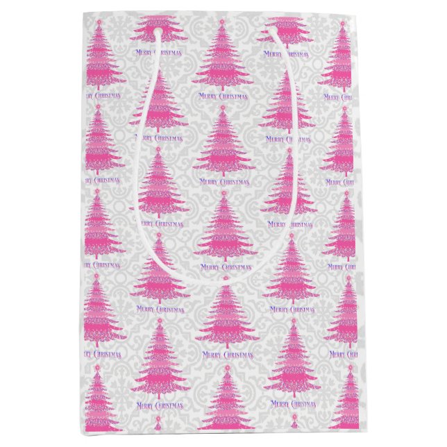 Sac Cadeau Moyen Arbre de Noël rose élégant (Devant)