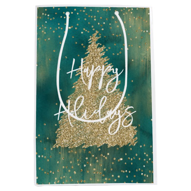 Sac Cadeau Moyen Arbre de Noël turquoise Parties scintillant verte  (Devant)