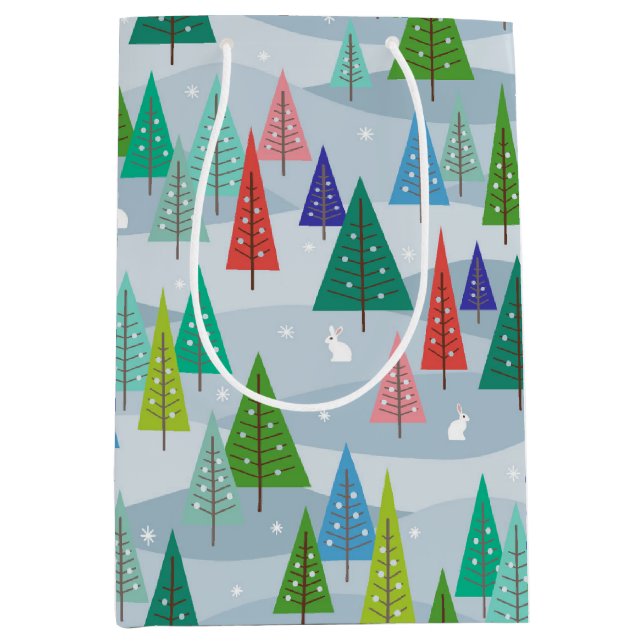 Sac Cadeau Moyen Arbres de Noël d'hiver Retro inspiré (Devant)