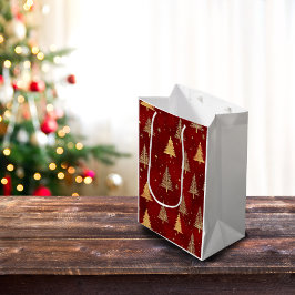 Sac Cadeau Moyen Arbres de Noël en or sur le rouge
