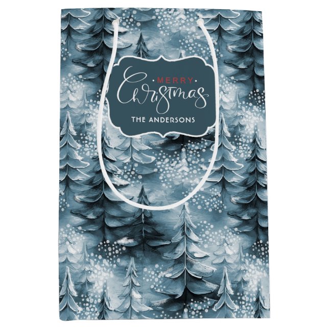 Sac Cadeau Moyen Arbres de Noël peints Blue ID1008 (Devant)