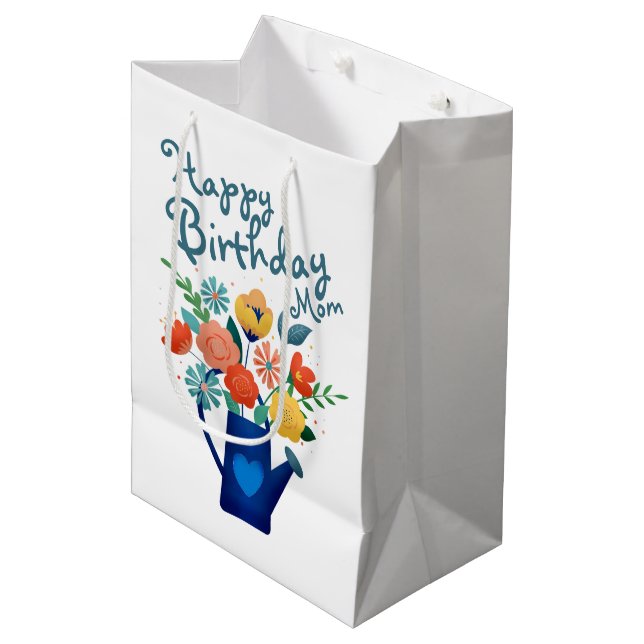 Sac Cadeau Moyen Arrosage plein de fleurs heureux Anniversaire mama (Devant Angle)