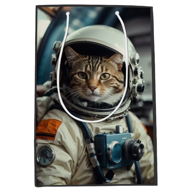 Sac Cadeau Moyen Astronaute de chat gris dans l'espace (Devant)