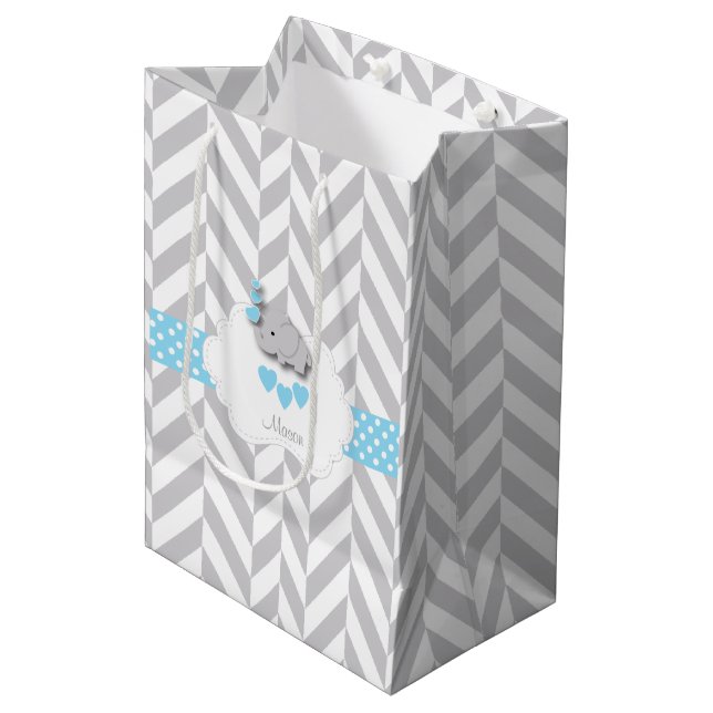 Sac Cadeau Moyen Baby Blue Elephant Design - Baby Boy Shower (Devant Angle)