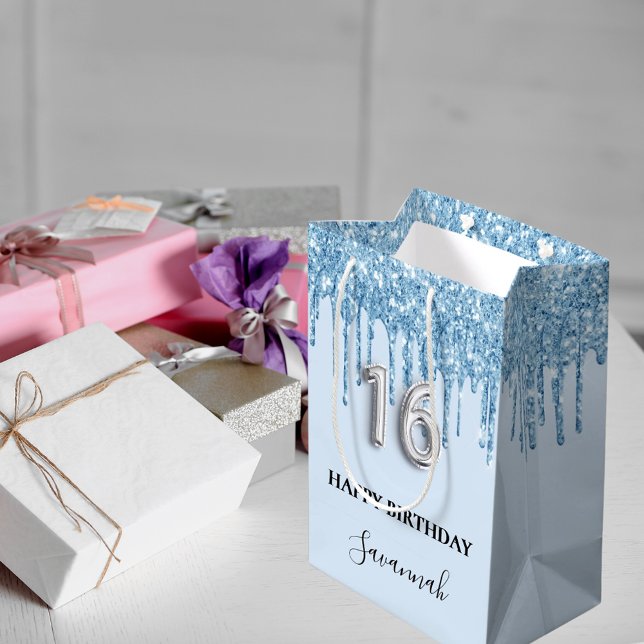 Sac Cadeau Moyen Baby blue parties scintillant drips nom Sweet 16 (Créateur téléchargé)