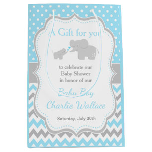Sac Cadeau Moyen Baby shower bleu et gris éléphant