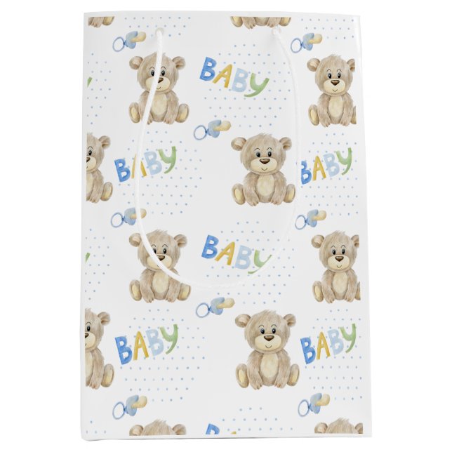 Sac Cadeau Moyen Baby shower Brown Teddy Bear Blue Boy (Devant)