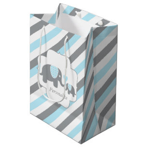 Sac Cadeau Moyen Baby shower des éléphants blancs, bleus et gris