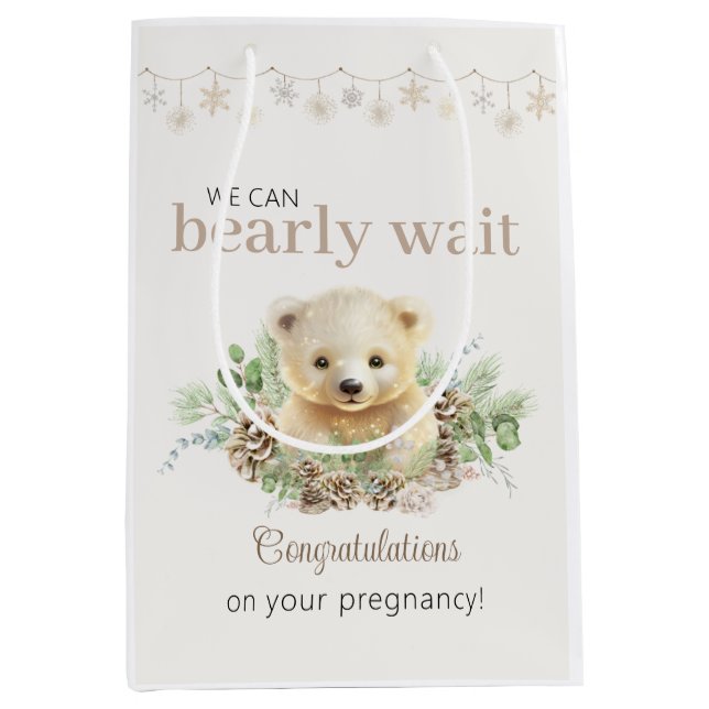 Sac Cadeau Moyen Baby shower D'Hiver Mignons On Peut Attendre (Devant)