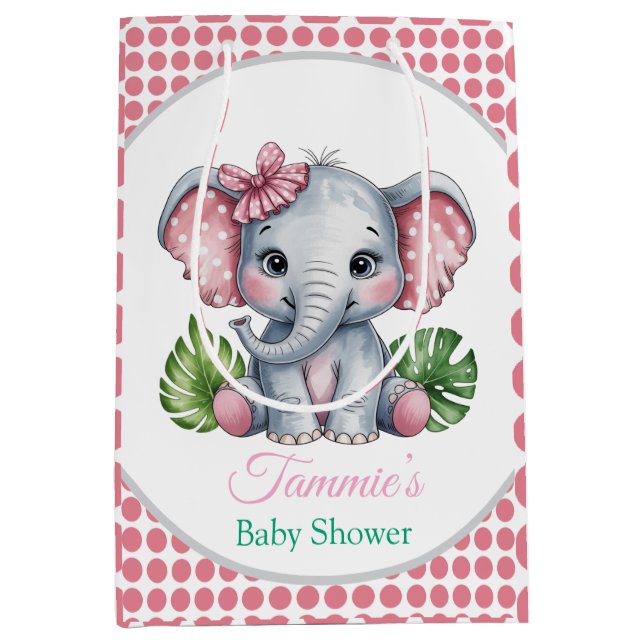 Sac Cadeau Moyen Baby shower Eléphant Rose Bow Cute (Devant)