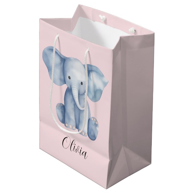Sac Cadeau Moyen Baby shower mignon aquarelle bleu éléphant (Devant Angle)