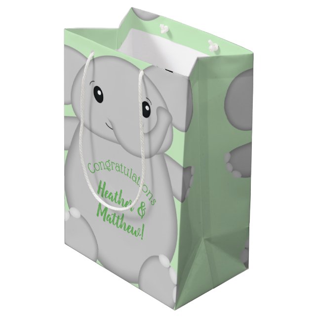 Sac Cadeau Moyen Baby shower vert éléphant (Dos Angle)