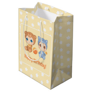 Sac Cadeau Moyen Baby Twins Anniversaire Chat Ours Jaune