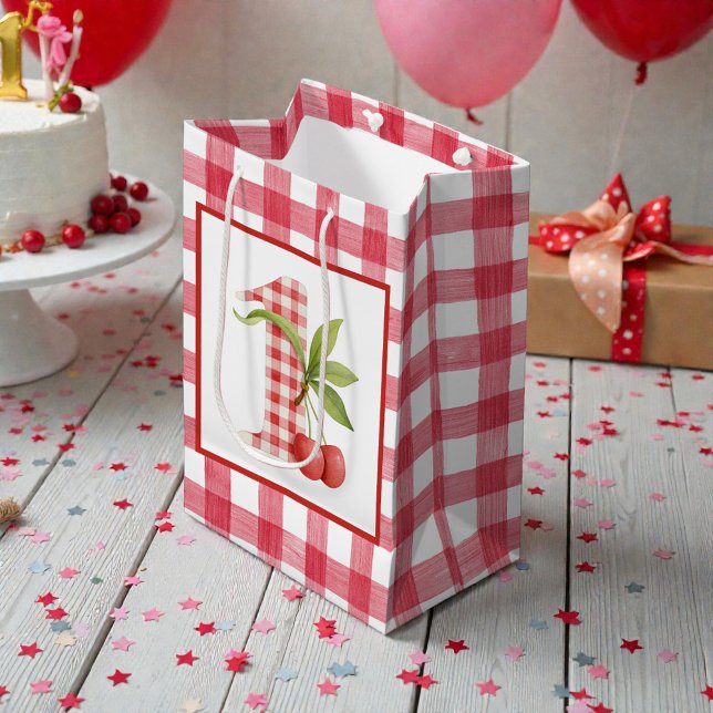 Sac Cadeau Moyen Baby's Cherry First Red Gingham Birthday (Créateur téléchargé)