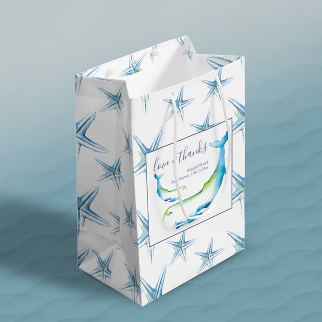 Sac Cadeau Moyen Baleine bleue et Baby shower de poisson-cétacés (Gift Bag Blue Whale and Starfish Baby Shower Medium )