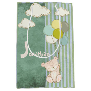 Sac Cadeau Moyen Ballons d'ours blanc Vert mignon Bandes Enfants