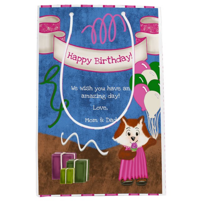 Sac Cadeau Moyen Ballons Robe Rose Renard Cute Joyeux Anniversaire (Devant)