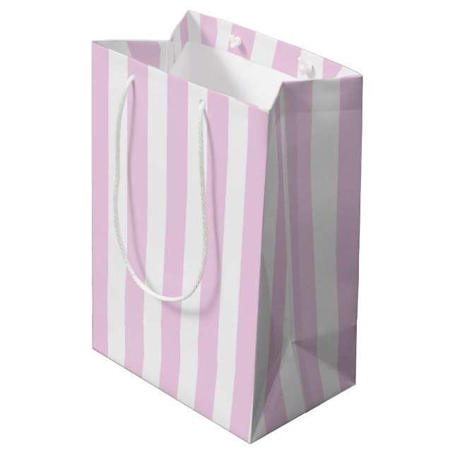 Sac Cadeau Moyen Bandes de bonbons rose pâle et blanc (Dos Angle)