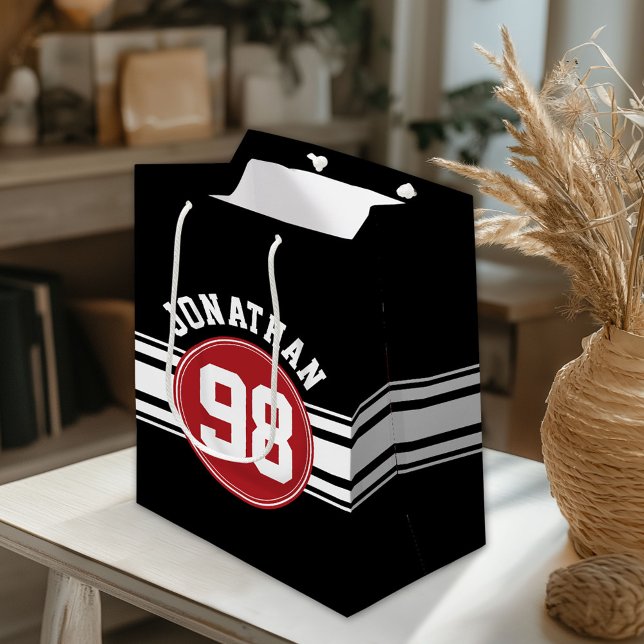 Sac Cadeau Moyen Bandes de course automatique en noir et rouge Nom  (Custom Gift Bag)
