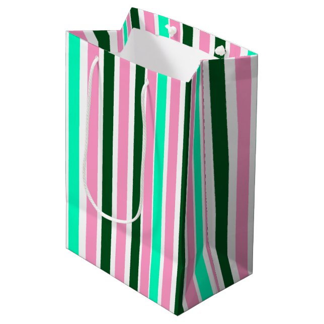 Sac Cadeau Moyen Bandes roses et vertes (Devant Angle)