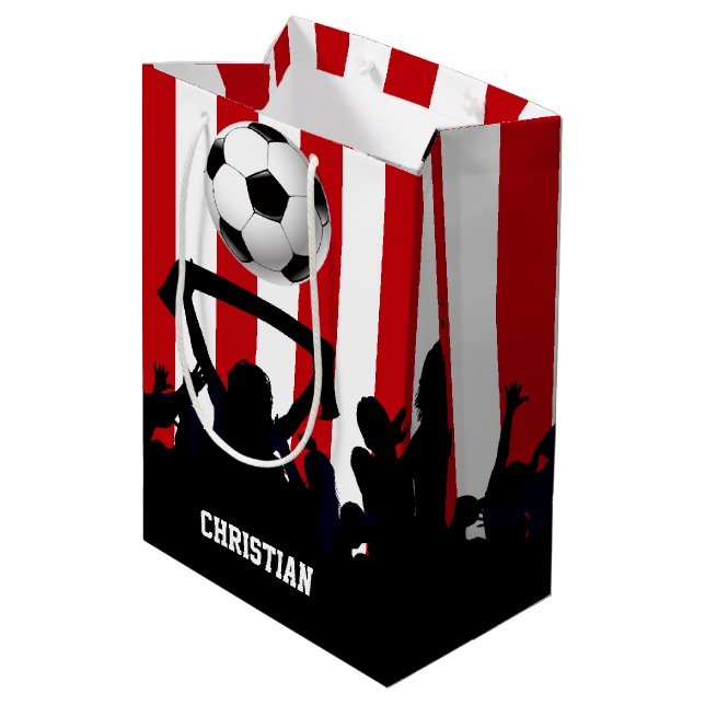 Sac Cadeau Moyen Bandes rouges et blanches Ventilateurs de football (Dos Angle)