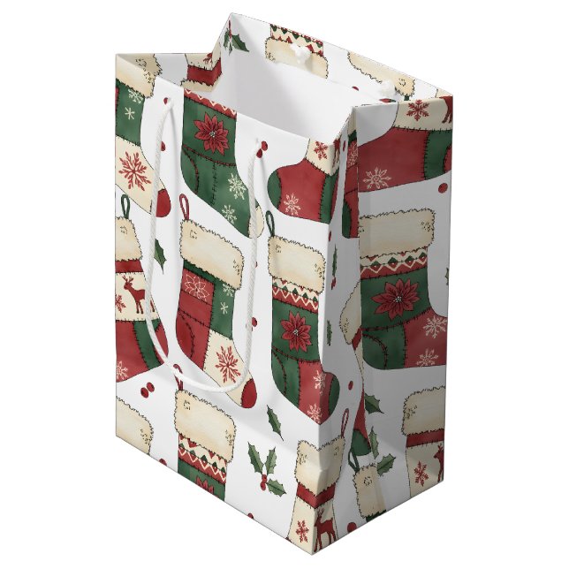 Sac Cadeau Moyen Bas de Noël patchwork rouge vert blanc (Devant Angle)