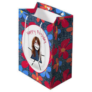 Sac Cadeau Moyen Bâton d'anniversaire fille et marguerites sur Deni