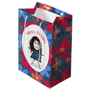 Sac Cadeau Moyen Bâton d'anniversaire fille et marguerites sur Deni