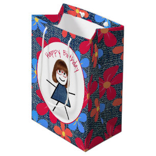Sac Cadeau Moyen Bâton d'anniversaire fille et marguerites sur Deni