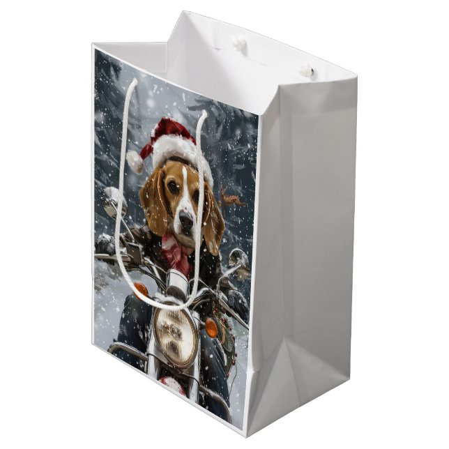 Sac Cadeau Moyen Beagle Chien équitation moto Noël (Devant Angle)