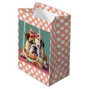 Sac Cadeau Moyen Beau Bulldog Anniversaire Polka Dot